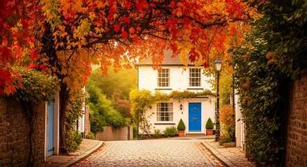 Fototapeta premium Charming white cottage with a blue door nestled beneath vibrant autumn foliage and a cobblestone street.