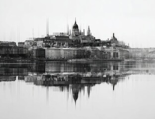 Fototapeta premium Black and white cityscape reflected on a calm river