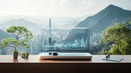 Futuristic transparent screen displays city data, nature backdrop