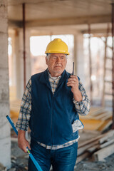 Senior construction worker using walkie-talkie and holding spirit level on site