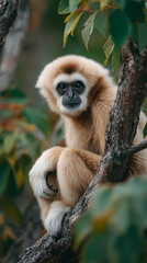 Fototapeta premium gibbon, animal, mammal, wildlife, nature, zoo, tree, wild, baby, white, asia, sitting, face, animals, forest, looking, fur, rainforest, head, jungle, brown, black, lar, thailand