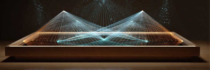 Touchscreen Desk Displaying Geometry Tools With Glowing Lines Forming Intricate 3D Shapes in a Contemporary Learning Environment