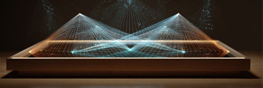 Touchscreen Desk Displaying Geometry Tools With Glowing Lines Forming Intricate 3D Shapes in a Contemporary Learning Environment