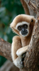 Fototapeta premium gibbon, animal, mammal, wildlife, nature, zoo, tree, wild, white, baby, face, fur, looking, sitting, animals, forest, asia, head, thailand, brown, jungle, rainforest, black