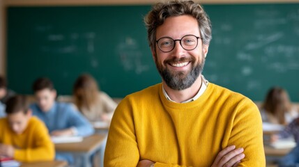 A smiling male teacher wearing glasses and a yellow sweater stands confidently in front of students working at desks in a classroom.
