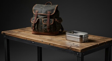 Backpack and lunchbox on rustic table