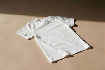 Fototapeta premium Minimalist flat lay of a clean white t-shirt on a beige surface with natural sunlight, ideal for a design mockup or apparel project.
