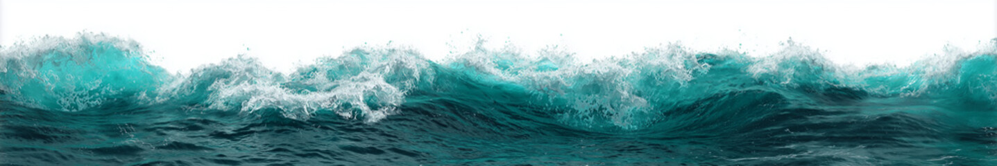 A close-up of turquoise ocean waves crashing with detailed water textures, isolated on a pure white background.