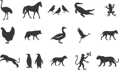 various animal silhouette set collection. Animal vector bundle illust black and white editable eps file. Alligator, Amphibian, Chicken, Dinosaur, Dog, graphic, Duck, Horse, Monkey,