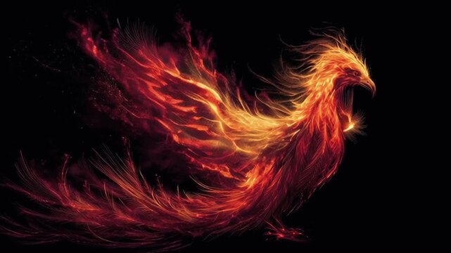 a mystical phoenix flame slowly heartbeat, glowing radiant gold, crimson, and orange, feathers flicker in and out, deep black background, cinematic lighting, high fantasy loop