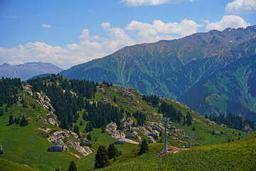 Cable car in the picturesque mountain gorge of Oi Karagai. Not far from Almaty. Mountainous area...