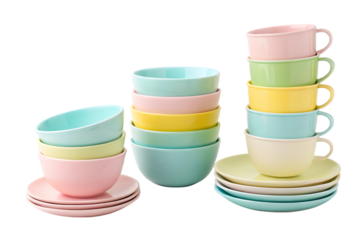 Stack of pastel colored cups and bowls PNG Image
