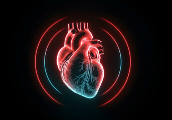 Futuristic Neon-Glowing Anatomical Heart with Blue and Red Lighting