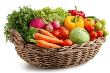 Rustic wicker basket overflowing with vibrant fresh vegetables and fruit; healthy, wholesome, farm-fresh produce.