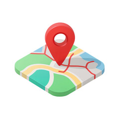 3D Isometric Map with Red Location Pin Navigation GPS Travel Icon Design