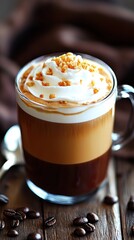 Layered coffee drink with whipped cream and toffee bits in glass mug