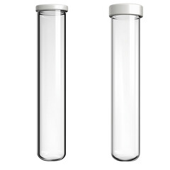 Two transparent laboratory test tubes with white caps on white background isolated