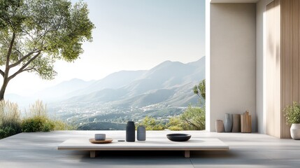 Fototapeta premium Serene patio overlooking majestic mountains. Minimalist design with natural elements