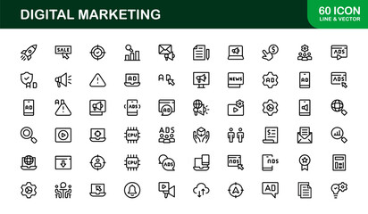 Digital Marketing Icon Set in Vector Style Featuring SEO, Analytics, Email, Social Media, and Web Promotion Symbols