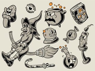 vintage cartoon-style Halloween stickers in a monochrome palette