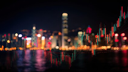 Blurry cityscape overlaid with stock market charts at night