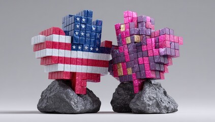 Two pixelated hearts, one representing the US flag and the other a stylized abstract design, rest on gray rocks against a plain background
