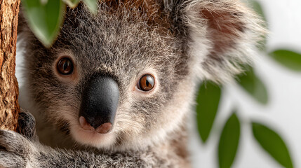 Fototapeta premium koala, australia, animal, bear, marsupial, tree, wildlife, nature, eucalyptus, mammal, australian, zoo, wild, fur, cute, branch, baby, koala bear, native, cuddly, grey, gray, furry