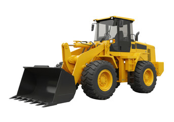 A powerful industrial-grade wheel loader, bright yellow with a black and yellow bucket, heavy-duty tires, and visible hydraulics, isolated on a transparent studio background with no shadows,