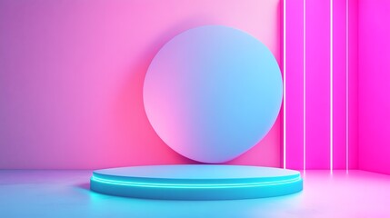 Obraz premium A vibrant cyan product display podium with neon lighting against a pink and blue background.