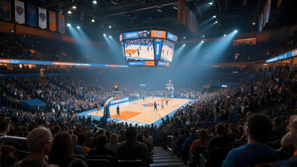 Wide-angle view of an NBA game from the audience stands in the stadium.
