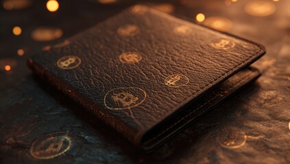 Dark leather wallet with bitcoin symbols