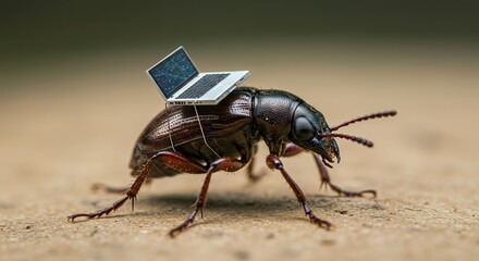 Fototapeta premium A conceptual macro image of a dark beetle carrying a miniature laptop, symbolizing the integration of technology and nature.