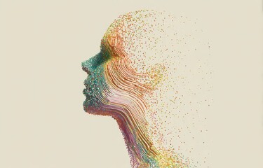 Abstract profile of a head, composed of colorful particles and lines