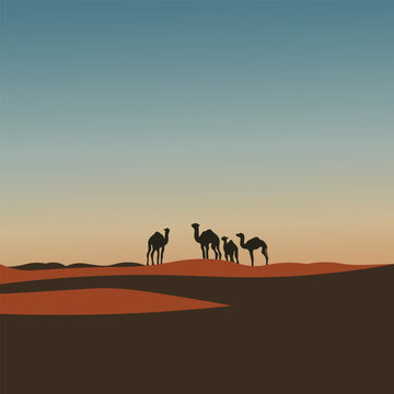 Minimal desert landscape silhouette with camels, organized, editable, and layered