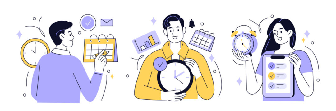 Project management set. Characters using scheduling tools to manage, prioritize, delegate tasks. Business and organization concept. Vector illustration.