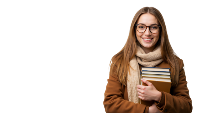 Studious and Stylish: Young Woman with Books and Warm Layers