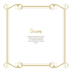 Vector frame for design template. Golden floral borders. Ornate decor for save the date, birthday, greeting card, wedding invitation, leaflet, poster, certificate, thank you message.