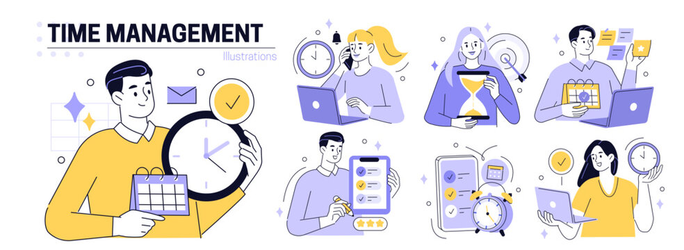 Time management set. Characters using scheduling tools to manage, prioritize, delegate tasks. Business and organization concept. Vector illustration.