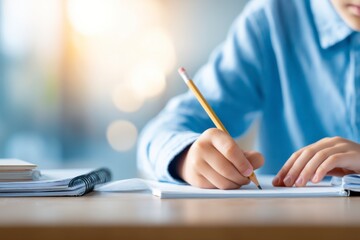 A close-up of a student writing with a pencil on paper, focusing on hands and study materials on a desk.