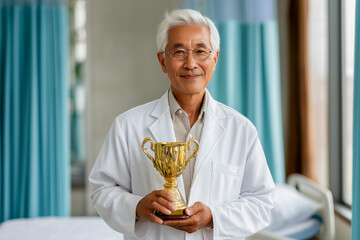 Elderly Asian doctor holding a trophy while smiling in a hospital  