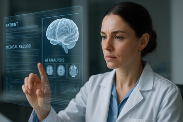 A female doctor interacting with a futuristic medical interface