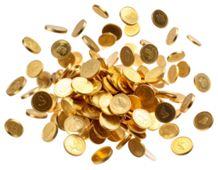 Shiny gold coins flying mid-air with motion blur, isolated on transparent background PNG