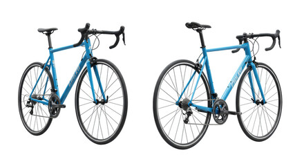 Two sleek modern glossy blue road bicycles with black handlebars, wheels, and silver spokes, one side profile, one 3/4 view, presented static on a pristine transparent studio background with copy
