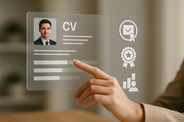 A hand pointing at a CV in a futuristic interface, showcasing the intersection of technology and career development. The scene highlights a blend of innovation and the traditional job search process