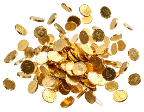 Shiny gold coins flying mid-air with motion blur, isolated on transparent background PNG - Powered by Adobe