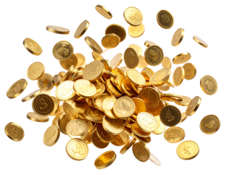 Shiny gold coins flying mid-air with motion blur, isolated on transparent background PNG