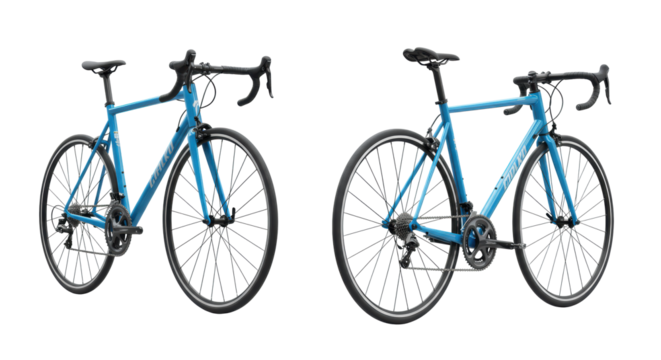Two sleek modern glossy blue road bicycles with black handlebars, wheels, and silver spokes, one side profile, one 3/4 view, presented static on a pristine transparent studio background with copy