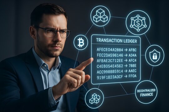 A professional man examining the blockchain and cryptocurrency transaction ledger