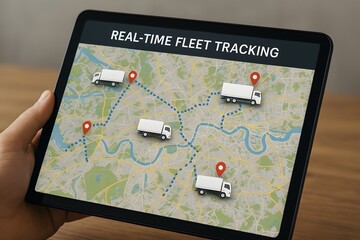 Real-time fleet tracking system showcased on a tablet