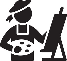 Vector Icon: Artist with Palette and Easel, Simple Black Sign, Symbol of  artist Creativity